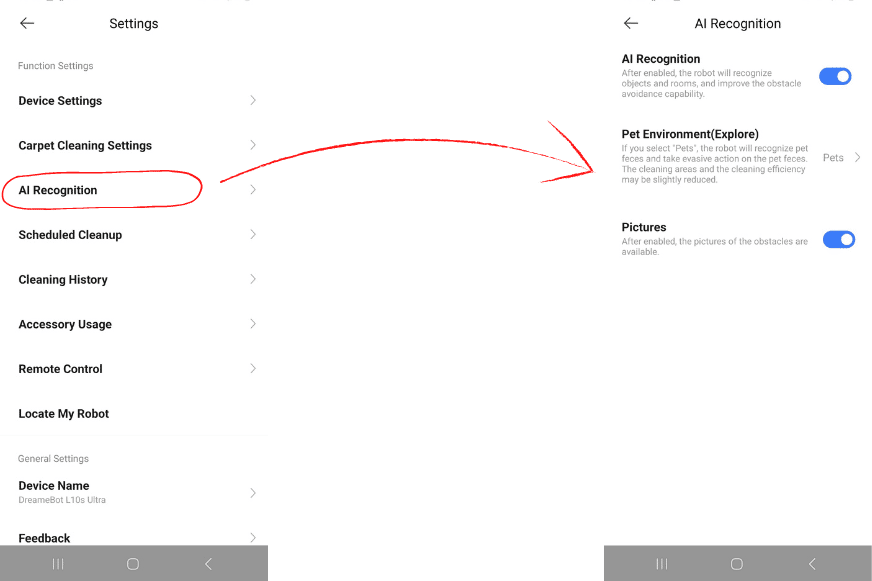 Verschiedene Einstellungen bezüglich der Objekterkennung des Dreame L10s Ultra werden in der App getroffen.